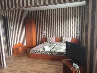 a bedroom with a bed and a tv in it at Hotel Trakia in Pazardzhik