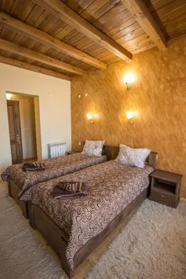a bedroom with two beds in a room with wooden ceilings at Rupchini Houses in Bansko