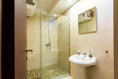 a bathroom with a shower and a sink and a toilet at Ibar Apartment & Garage in Plovdiv