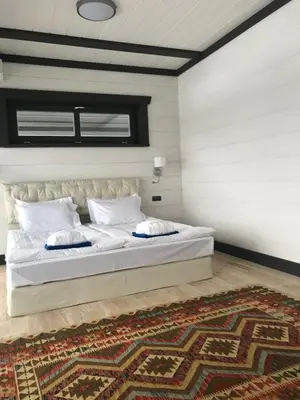 a bedroom with a bed with white pillows and a rug at Hot Springs Medical and SPA in Banya