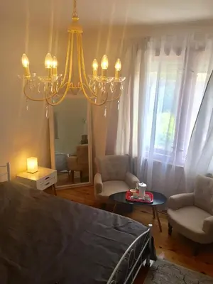 a bedroom with a bed and a chandelier at CityCentre Gem with Free Parking in Plovdiv
