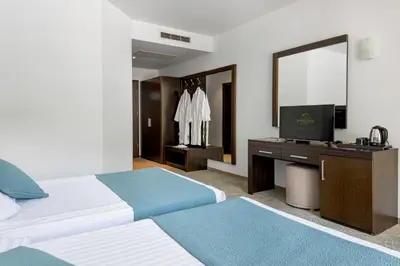a hotel room with two beds and a television at Pirin Park Hotel in Sandanski