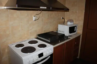 a kitchen with a stove and a microwave at Guest House Maria in Koprivshtitsa