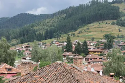 a group of houses in a town with a mountain at Guest House Maria in Koprivshtitsa