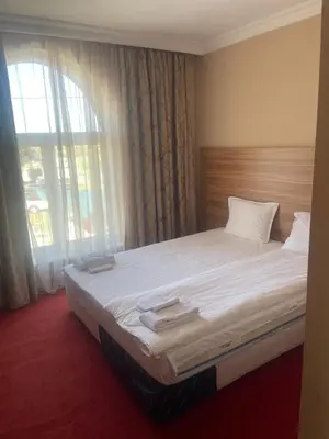 a bed in a room with a large window at Hotel Consul in Sofia