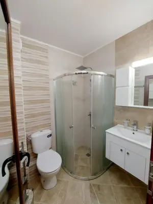 a bathroom with a shower and a toilet and a sink at Elegant Complex in Pazardzhik