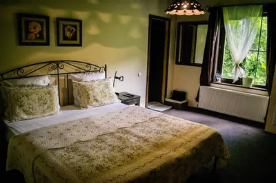 a bedroom with a large bed and a window at Guest House Verbena in Apriltsi