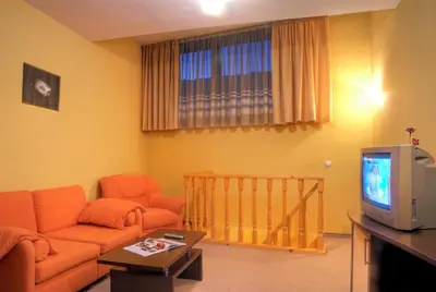 a living room with a couch and a tv at Luxor Hotel in Smolyan