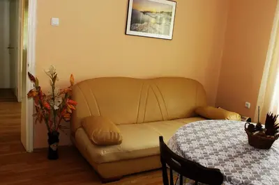 a couch in a living room with a table at Guesthouse Planinsko Gnezdo in Tŭzha