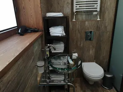 a bathroom with a glass sink and a toilet at PinusVillas Private Jacuzzi & Phyto-Sauna in Zheleznitsa