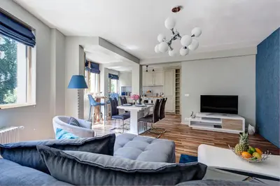 a living room with a couch and a tv at Silver & Gold Apartment in Sofia