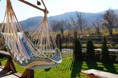 a hammock hanging in a garden with a view at Hotel Orbel in Dobrinishte