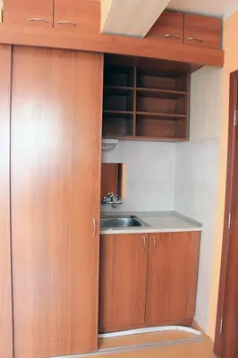 a small kitchen with wooden cabinets and a sink at Osogovo Rooms in Sofia