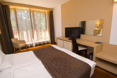 a hotel room with a bed and a desk at Radina's Way Hotel in Borovets