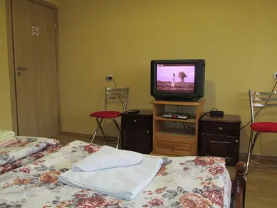 a bedroom with a bed and a tv and chairs at Pri Orehite Guesthouse in Oreshak