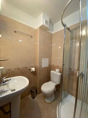 a bathroom with a toilet and a sink and a shower at Villa Ibar in Borovets