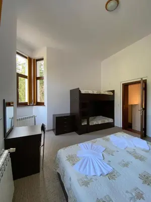 a bedroom with a large bed and a desk at Villa Ibar in Borovets