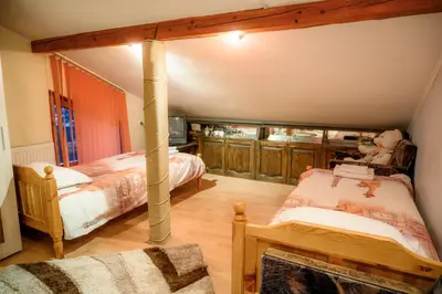 a bedroom with two beds and a tv in it at Guest House Angelkovi in Sapareva Banya