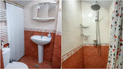 a bathroom with a sink and a shower and a toilet at Guest House Angelkovi in Sapareva Banya
