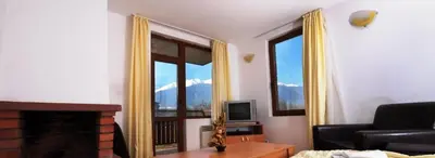 a living room with a couch and a fireplace at Apartments Four Leaf Clover Bansko to rent in Bansko