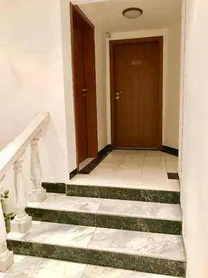 a hallway with stairs and a brown door at Daf Trans Hotel in Peshtera