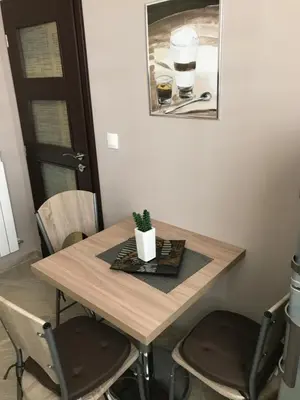 a wooden table with chairs and a potted plant on it at Apartment Trimontium in Plovdiv