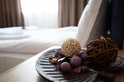 a plate of fruit on a table in a hotel room at Court Inn in Panagyurishte