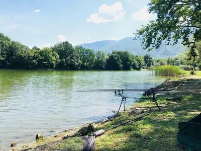 a lake with a fishing rod in the water at Комплекс язовир Валтата Komplex yazovir VALTATA in Samuilovo