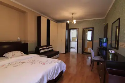 a bedroom with a bed and a desk and a television at Guest Rooms Stay Nexus in Sofia