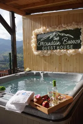 a hot tub with a tray of food and a bottle of wine at Planinski Polah House in Devin