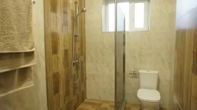 a bathroom with a toilet and a glass shower at Guest Apartment Monarch in Smolyan