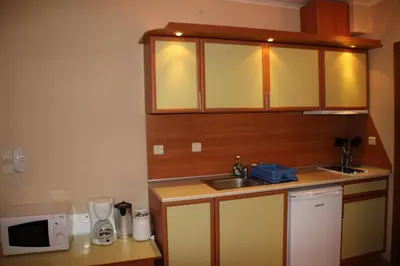 a small kitchen with a sink and a microwave at PM Services Sequoia Apartment in Borovets