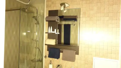 a bathroom with a shower and a mirror and towels at Apartment SOFIA Center in Sofia