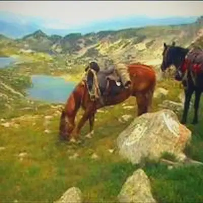 a painting of a man riding a horse in a field at Apartment in Borovets Gardens C17 in Borovets