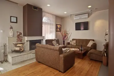 a living room with two couches and a fireplace at Anita House in Perushtitsa