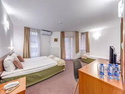 a hotel room with a bed and a desk with a television at Hotel Elit in Devin