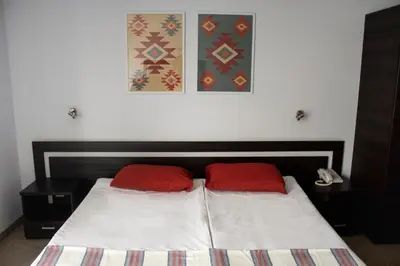 a bedroom with a bed with two red pillows at Meteor Family Hotel in Chepelare