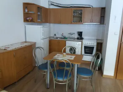 a kitchen with a table and chairs and a stove at Studio in Hotel Laplandia in Pamporovo