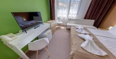 a room with a bedroom with a bed and a television at Grami Hotel in Bansko