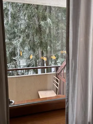 a balcony with a chair in front of a window at Studio Kris Villa Park in Borovets