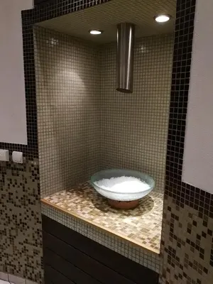 a bathroom with a bowl sink on a counter at Paradiso Verde (Green Life) in Bansko