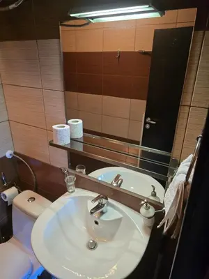 a bathroom with a sink and a toilet and a mirror at Paradiso Verde (Green Life) in Bansko