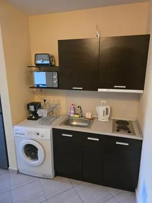 a kitchen with a washing machine and a sink at Paradiso Verde (Green Life) in Bansko