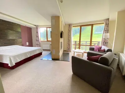 a bedroom with a bed and a couch and a bed and a bed at Ice Angels Hotel in Borovets