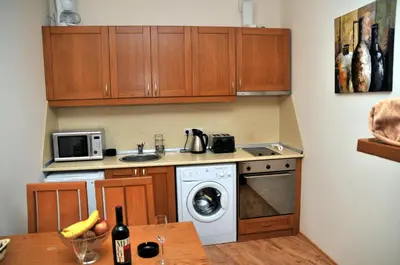 a kitchen with wooden cabinets and a washing machine at TES Royal Plaza Apartments in Borovets