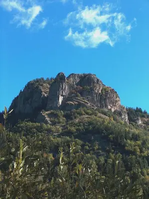 a mountain with trees and a blue sky at The Lake Villa in Smolyan