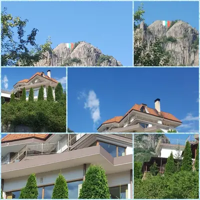 a collage of photos of a house and a mountain at Семеен хотел Кристал in Smolyan