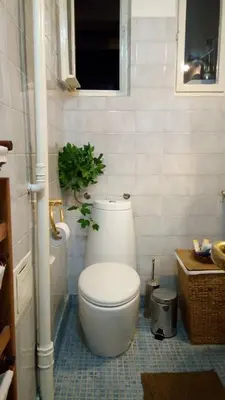 a bathroom with a toilet with a plant on it at Maritza Apartment in Plovdiv