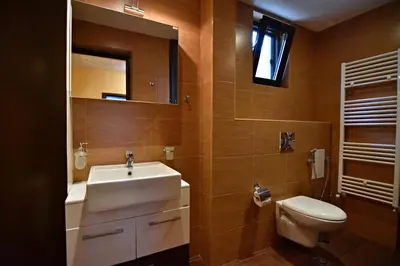 a bathroom with a sink and a toilet and a mirror at Art Spa Villa Gal in Velingrad