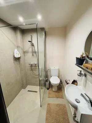 a bathroom with a shower and a toilet and a sink at Vakarel Residence in Vakarel